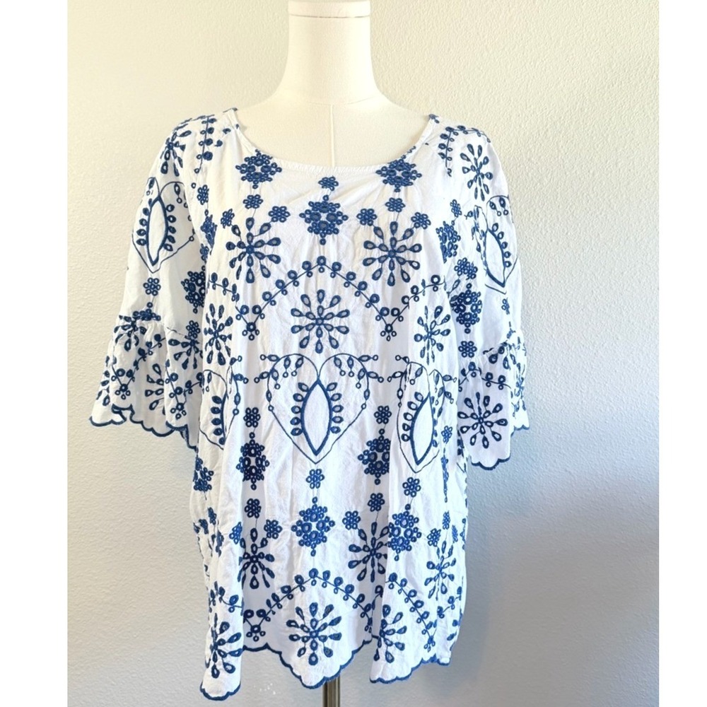 Blue Embroidered Eyelet Cotton Blouse White Romantic Cottagecore Bell Sleeve L